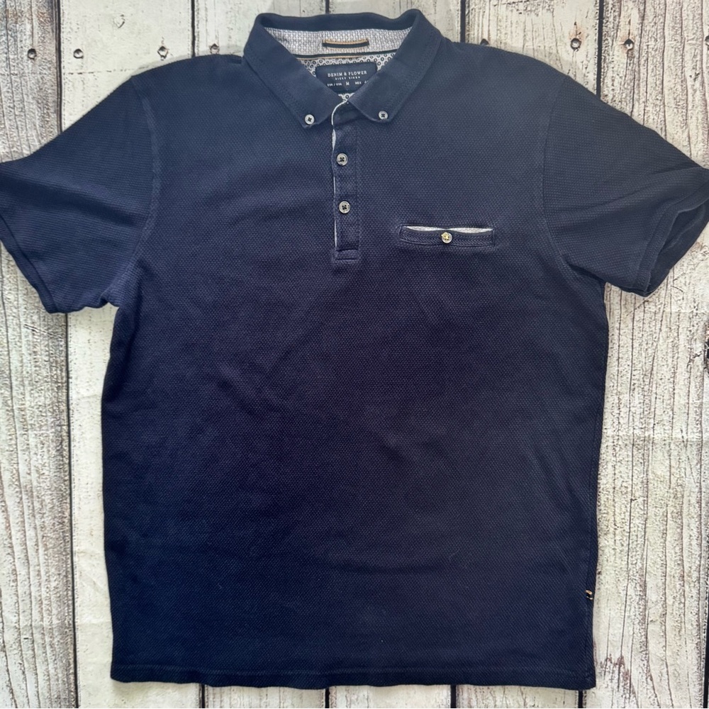 Denim & Flower Ricky Singh Polo Shirt‎ Mens Medium Navy Blue Textured Pocket